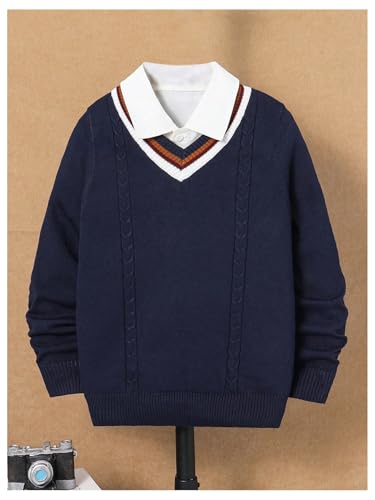 Floerns Boy's Striped V Neck Sweater Long Sleeve Cable Knit Casual Pullover Sweaters3