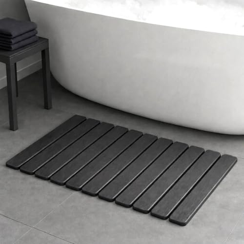 ELIHAM ESSENTIALS Premium Foldable Stone Bath Mat - Ultra Absorbent Quick Drying Compact Easy to Store & Clean Non-Slip Diatomaceous Earth Bath Shower Mat (Dark Grey)