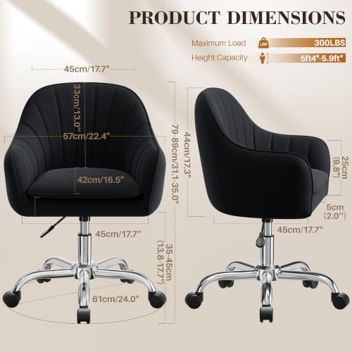 Image of Home Office Desk Chair, Vanity Chair with Wheels, Adjustable Modern Velvet Makeup Chairs for Bedroom Living Room-Black (Silver Base)