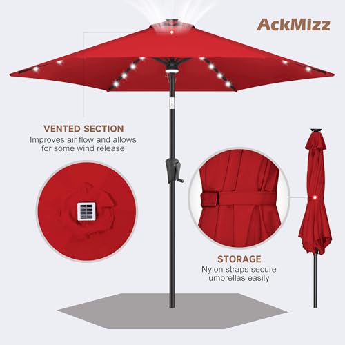 Image of 10ft Solar Patio Umbrella - Outdoor Umbrella with Centre Surround Light 24 LED Lights, Market Table Umbrella with Tilt for Pool, Porch, Garden, Deck, Backyard UV Protection (Red)