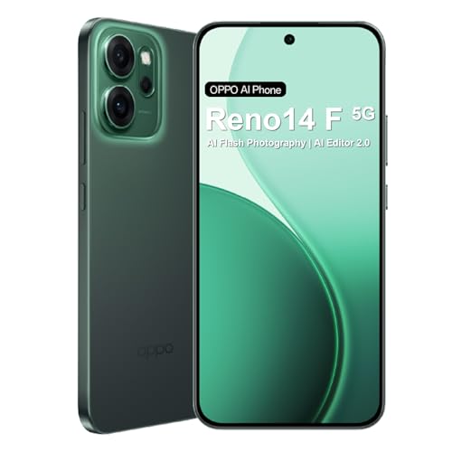 OPPO Reno14 F 5G Smartphone ohne Vertrag, 8+256GB Simlockfreies AI Handy Android, 120Hz 6,57' AMOLED Schirm, Snapdragon 6 Gen 1, 50MP AI Kamera, 6000mAh Akku, SUPERVOOC 45W, IP69, NFC, Dual SIM, Grün