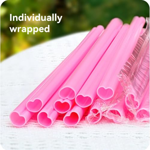 Image of 25pcs Heart Shaped Pink Straws 8mm-Individually Wrapped Disposable Straws