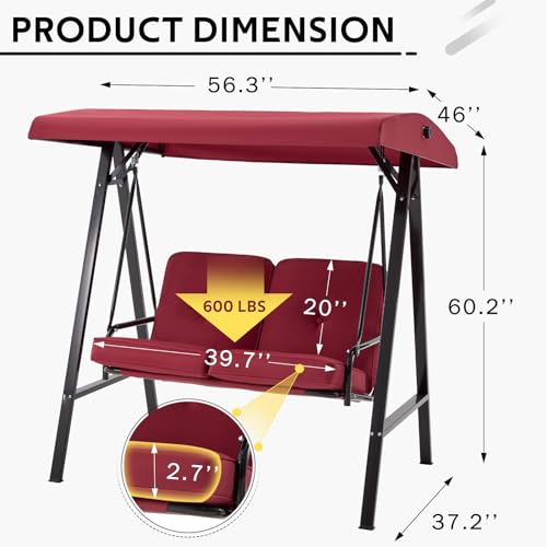 Image of U-MAX 2 Seat Outdoor Patio Swing Chair for Adults, Porch Swings with Adjustable Canopy, Outside Swing Bench with Removable Cushion, Suitable for Backyard, Garden, Yard, Poolside, Balcony (Red)