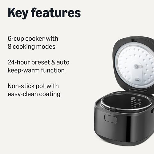 Image of Amazon Basics Rice Cooker 6-cup Uncooked 12-cup Cooked, Micon with Fuzzy Logic, Keep Warm, Black
