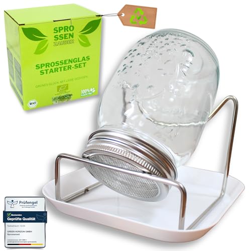 Sprossenzauber® Sprossenglas 1er Set 500ml – Edelstahl-Deckel & Auffangschale – Sprossen selber ziehen – Keimglas für Brokkoli, Alfalfa, Kresse – Einsteiger-Set für frische Microgreens