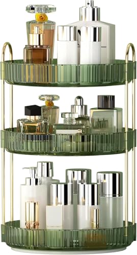 Image of Xmart India 360 Rotating Makeup Organizer - Transparent Cosmetic & Skincare Storage Rack for Dressing Table Lipstick, Perfume, Beauty Accessories & Bathroom Counter Organizer (3 Layer, Green)