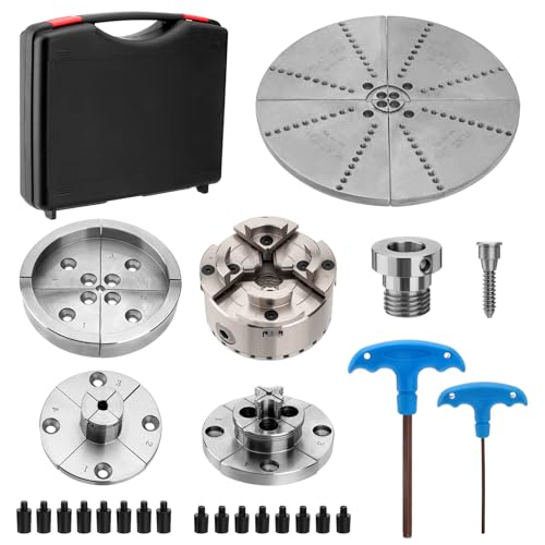PER4MANCE 4 Inch Wood Lathe Chuck Set, 5 Jaws Including 10' Aluminum Jaw, M33 to 1'-8TPI Adapter, Complete Woodturning Chuck for Bowl Turning and Spindle Work