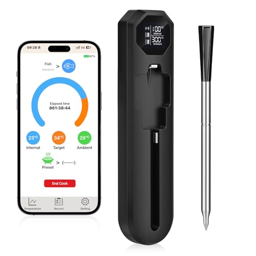 Dreamhigh® Termometro per Carne con Bluetooth, 2 Sond, Termometro Alimentare Impermeabile IP67​, 0-300 °C, Ideale per BBQ, Grigliate, Affumicatori, Forni, Cucina