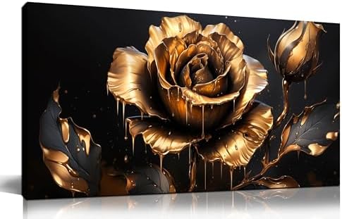 SKYRISE Golden Rose Flower Canvas Wall Art for Living Room, Gold Floral ...