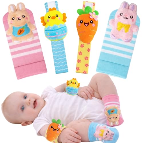 Easter Baby Wrist Rattle Socks and Foot Finder Set, Infant Girl Boy Toys for Babies 0-12 Months, Newborn Baby Shower Gifts Set