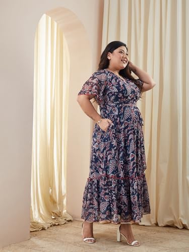 Image of Miss Chase A+ Women's V-Neck Three-Quarter Sleeve Floral Wrap Chiffon Midi Dress