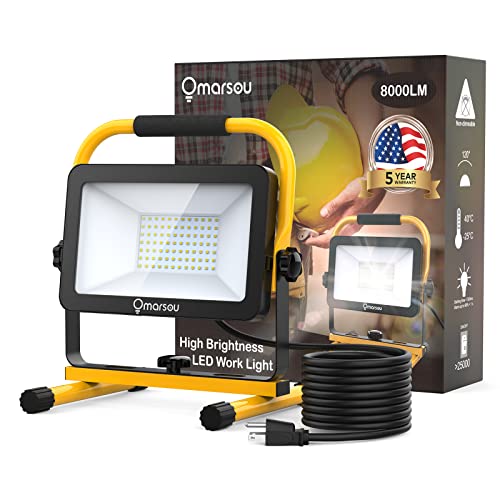 Omarsou LED Work Light 80W 8000LM 19.7FT Power Cord, Garage Lamp Work Flood Light with Stand, IP65 Waterproof, 6000K Daylight Outdoor Portable Job Site Lighting for Workshop Garage Construction Site