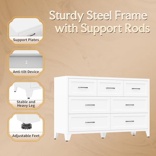 Image of Dresser for Bedroom, Chest of Drawers, Metal White Dresser with 7 Drawers, Tall Dresser with Large Capacity, Dressers for Closet, Living Room, Bedroom, Hallway
