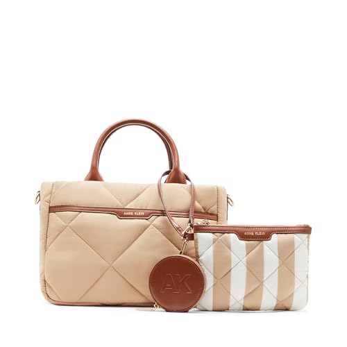 Anne Klein Ew Bolsa acolchoada de nylon com bolsa e porta-moedas, Leite de aveia/castanha, Medium