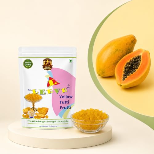 Image of Leeve Yellow Tutti Frutti, Candied Papaya Cubes for Cakes, Cookies, Ice Cream, Muffins and Dessert Decoration, Sweet Chewy Bakery Topping, 400 g
