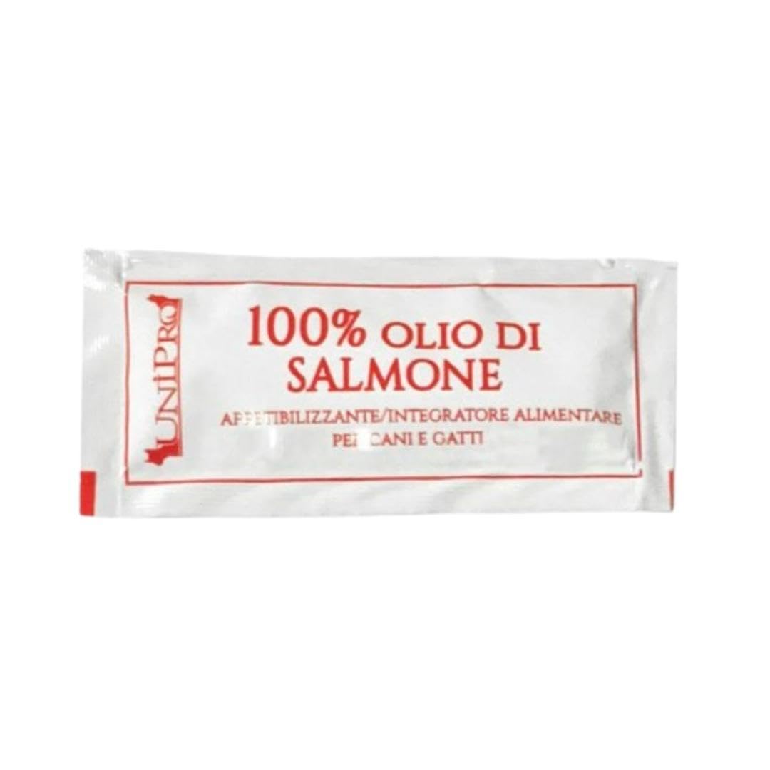 Olio Di Salmone Appetizzante per Cani e Gatti, alimento per cani e gatti adulti e cuccioli di tutte le razze con poco appetito | 10 bustine da 10ml l’una.