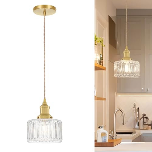 6.9in Vintage Pendant Lights for Kitchen with Clear Striped Glass Shade, Brushed Gold Pendant Lights Kitchen Island, Small Light Pendant Adjustable Hanging Light for Entrance Bedroom Hallway Home