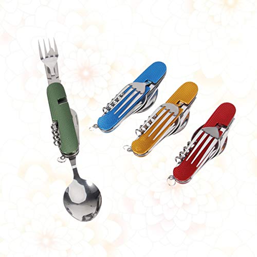 4 peças de utensílios de acampamento 3 em 1 de aço inoxidável para garfo, faca portátil para uso ao