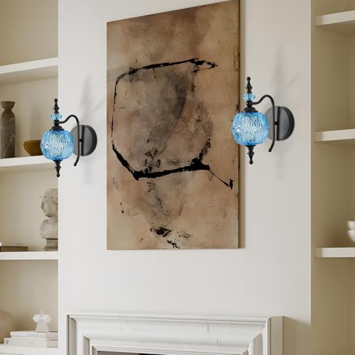 Image of Vintage Wall Sconces with Black Finish Bathroom Blue Wall Light Fixtures with Crystal Glass Shade for Bedroom Living Room Kitchen Hallway