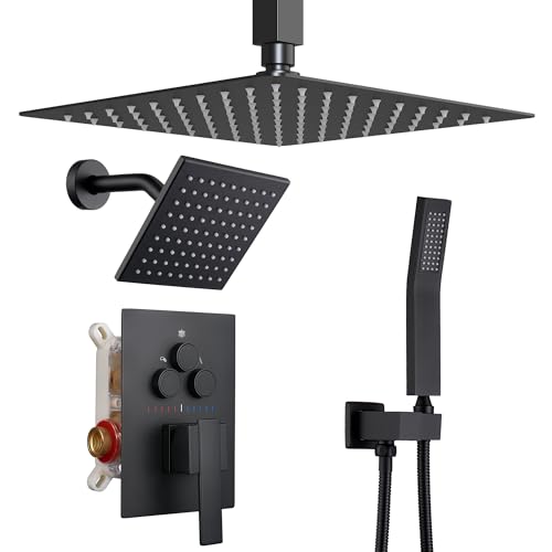 Sistema de duchas duales Dasan en negro mate con ducha de lluvia de 12 pulgadas para techo y ducha de alta presión de 6 pulgadas para pared, juego completo con ducha manual y grifo de 3 funciones miniatura 1