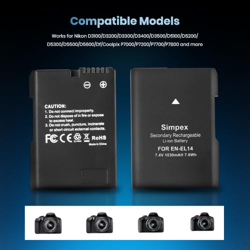 Image of Simpex EN-EL14 Rechargeable Camera Battery 1030mAh 7.4V Li-ion Battery Pack Compatible with Nikon D3100, D3200, D3300, D3400, D3500, D5100, D5200, D5300, D5500, D5600, DF & Coolpix Cameras(Black)