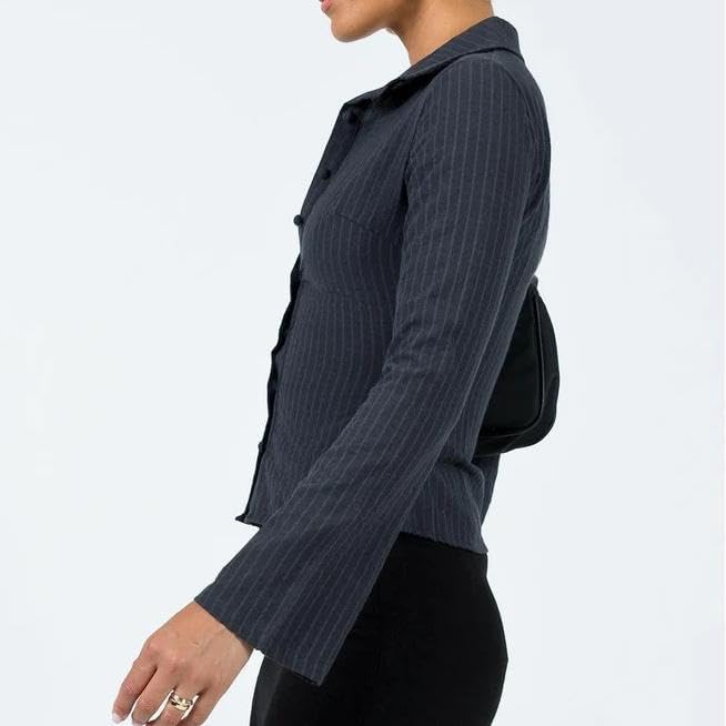 Women Pinstripe Shirt Flared Long Sleeves Button Down Fitted Crop Shirts Blouses Business Casual Top - Image 2