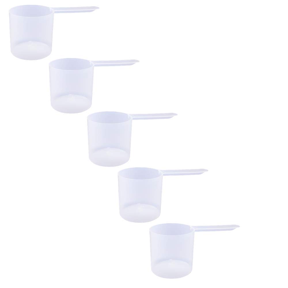 Plastic Measuring Scoop, (118.4 cc | 1/2 Cup | 4 fl oz. | 118.4 mL) Long Handle Spoons for Powders, Granules, Coffee, Pet Food, Baking Supplies, Protein and Other Dry Goods, BPA Free (Set of 5)
