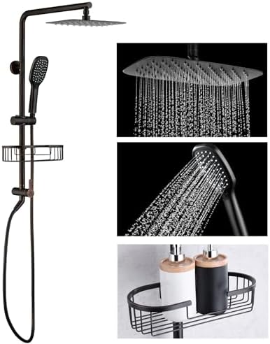 SonTiy Rain Shower Head System with Handheld Spray, 360° Adjustable Shower Arm Exposed Showerhead Kit with Caddy for Whole Family, 1.8 GPM, Oil Rubbed Bronze