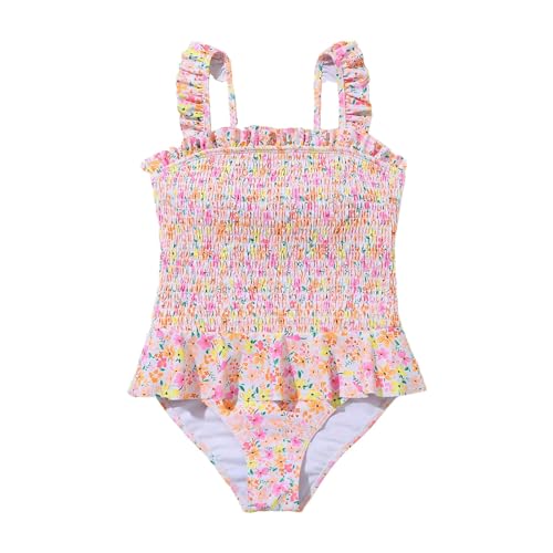 Girls Cute Floral Print Ruffle Straps Smocked Swimsuit 1 Piece Kids Modest Bathing Suit Beach Romper