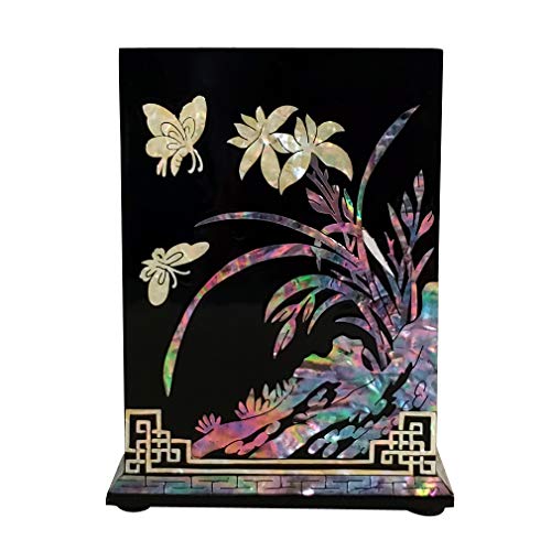 Antique Alive Mother of Pearl Inlay Wooden Black Chrysanthemum, Bamboo, Orchid, Maehwa Design Desk Desktop Pen Pencil Brush Cup Case Box Holder