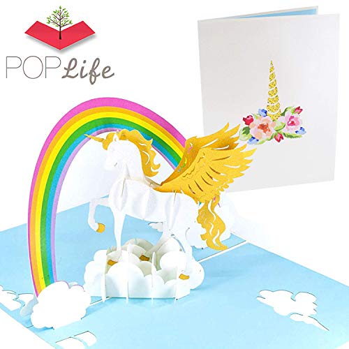 PopLife Cards Biglietto di auguri di unicorno e arcobaleno popup per tutte le occasioni, festa della mamma, figlia buon compleanno, amanti degli animali regalo figlia, arcobaleno tema, pieghe magiche