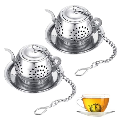 Colino da tè in acciaio inox, filtro da tè, filtro da tè, filtro da tè in metallo con catene e supporto per tè, filtro per tè e uova, forma per teiera (2 pezzi, argento)