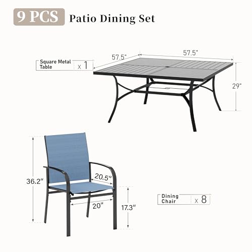Image of SUNSHINE VALLEY 9pc Patio Dining Set, 57.5 inch Square Table & 8 Blue Chairs