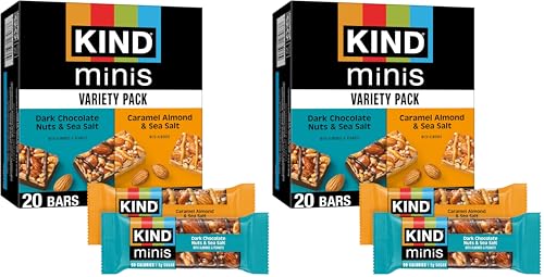 KIND Mini Snack Bars Variety Pack, Gluten Free, Low Sugar, Low Calorie Snacks, Dark Chocolate Nuts & Sea Salt, Caramel Almond & Sea Salt, 20 Count (Pack of 2)