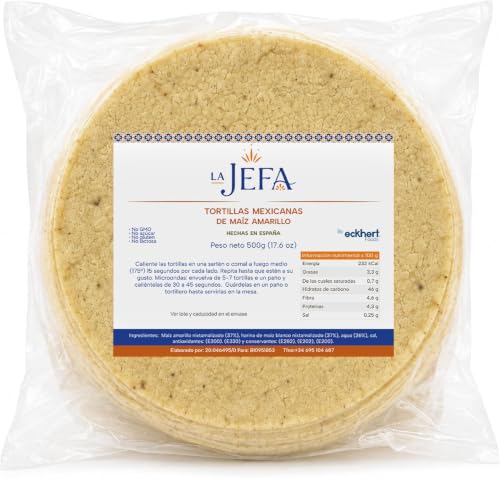 La Jefa | Tortillas de Maíz Amarillo Nixtamalizado | 2 pack de 500g | Sin Gluten | Veganas | Elaboradas en España | 40 ud | 14cm