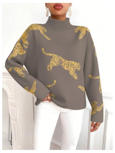 Image of WDIRARA Women's Leopard Tiger Print Sweater High Neck Long Sleeve Fuzzy Knitted Pullover Top