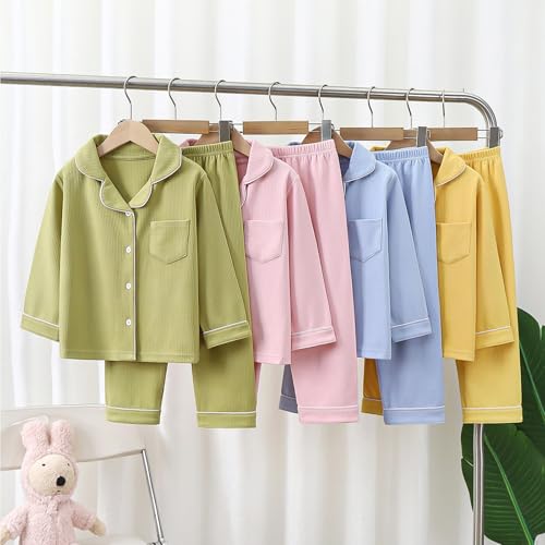 Kids Cotton Ribbed 𝐏ajamas Sets 2pc Loose Soft Fall F𝐚mily 𝐏𝐉 Buttons Shirts Collar Tops Long Pants Sl𝐞epwear Outfits2