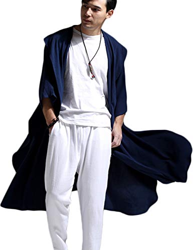 Mens Linen Cotton Draped Cardigans Half Sleeve Hooded Long Shawl Ruffle Trench Coat