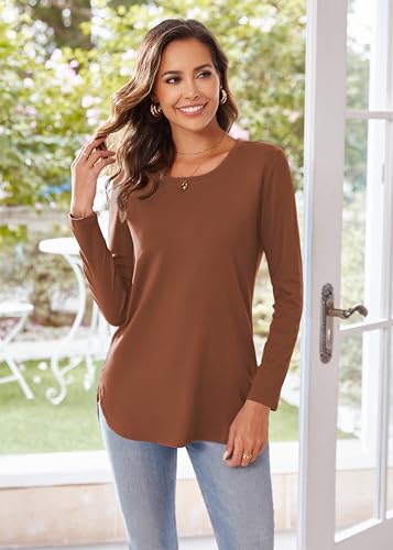 Image of Herou Women's Casual Long /Short Sleeve T Shirt Crewneck with Side Split Fall Pullover Loose Tunic Sweater Tops