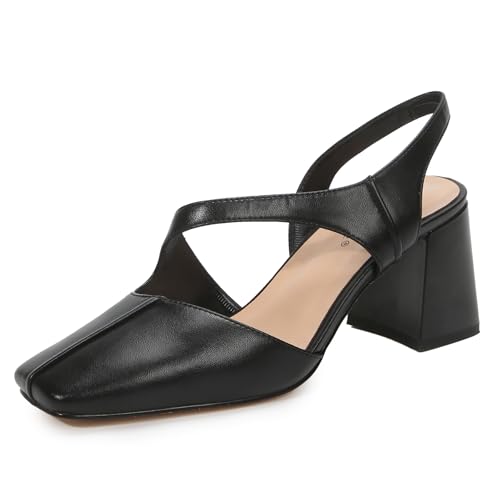 Women's Slingback Pump Shoes Block Heel Squared Toe Soft PU Leather Daily Dress Shoes
