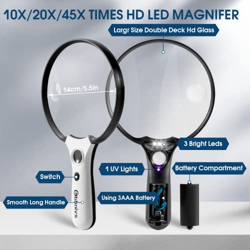 Large Magnifying Glass With Light, Magnifier 10X 20X 45X Handheld Illuminated Lighted Magnifier With 3 Led Lights 1Uv Light Storage Bag Clean Cloth For Seniors Reading Inspection #TOP4