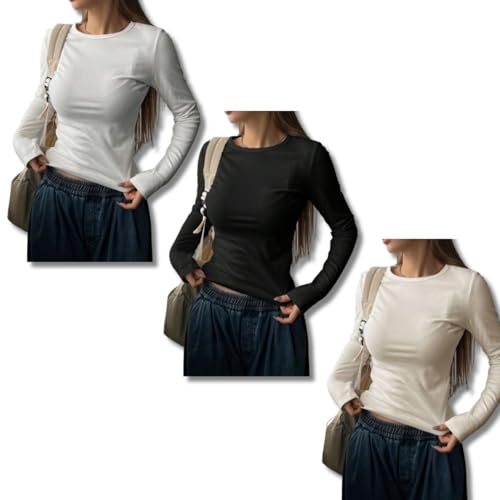 Lista de Camisetas de manga larga para Mujer , tabla con los diez mejores. 50 Genérico Set de 3 Camisetas Térmicas para Mujer - Cuello Redondo, 195g, Tela Afelpada en Colores Blanco, Negro y Beige | Blusas Térmicas de Manga Larga para Invierno y Ropa...