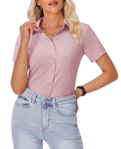 Image of siliteelon Womens Button Down Shirt Slim Fit Stretch Short Sleeve Dress Shirt Wrinkle Free Collared Business Work Blouse Top