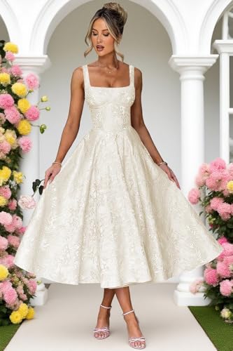 Floral Satin Jacquard Prom Dresses 2025 A-Line Tea Length Midi Square Neck Evening Party Gown with Pockets for Women4