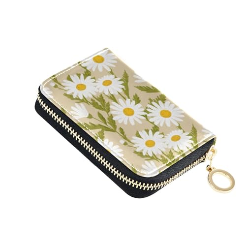 Leather Women's Wallet Cute Card Holder RFID Blocking Small Zipper Coin Purse with Key Ring Cute Daisies Beige Leaves Green