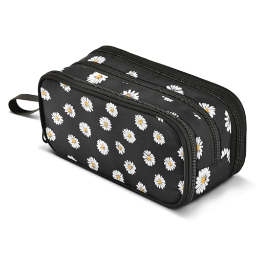 Image of ALAZA White Daisy Flower Black Pencil Case Large Capacity Pencil Pouch with 3 Compartments Stationery Case Pen Bag for Boys Girls Kids Adults School Office