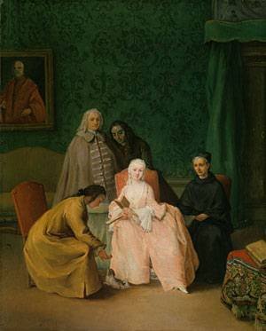 Peinture à l'huile Pietro Longhi The Visit 1746 pour habiller un mur vide avec élégance 12x16