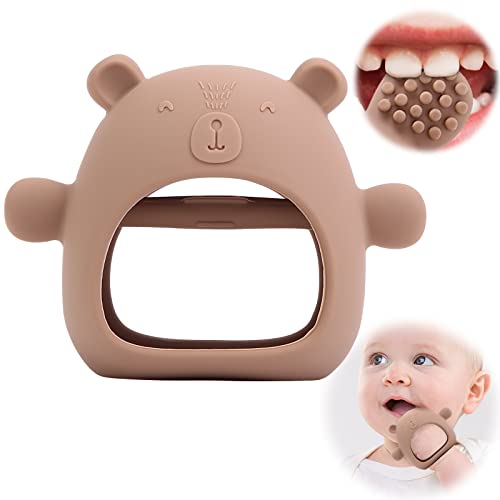 Image of QANGCE Teething Toys for Babies 0-6 Months, Anti-Drop Baby Teething Toys, Food Grade Silicone Teether, Baby Chew Toys, Massage Granules to Relieve Teething Discomfort, Pacifiers for Babies(Mud Brown)