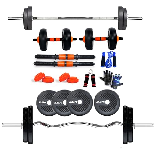 Image of WATSON Premium Home Gym Set for Men & Women, Home Gym Combo with Rubber Weight Plates, 25mm 3Ft Curl bar, 3Ft Straight Bar, Hard PVC Dumbbell Rods, Gripper, Skipping Rope & Gym Gloves (10 KG Combo)