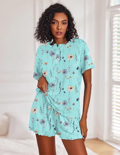 Image of Ekouaer Pajamas Set for Women Short Sleeve Lounge Set 2 Piece Loungewear PJs Soft Cute Lightweight Sleepwear
